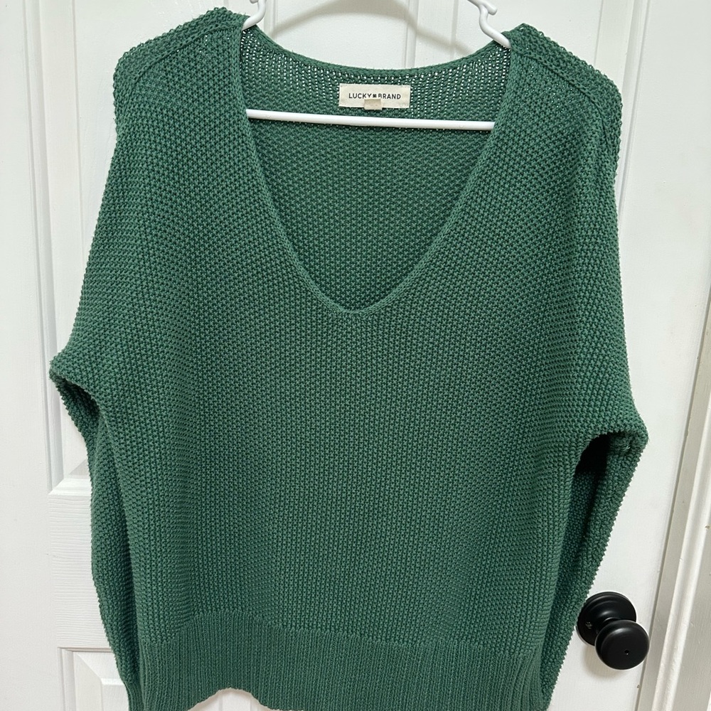 0168 Lucky Brand Forest Green V-Neck‎ Knit Sweater womens size small